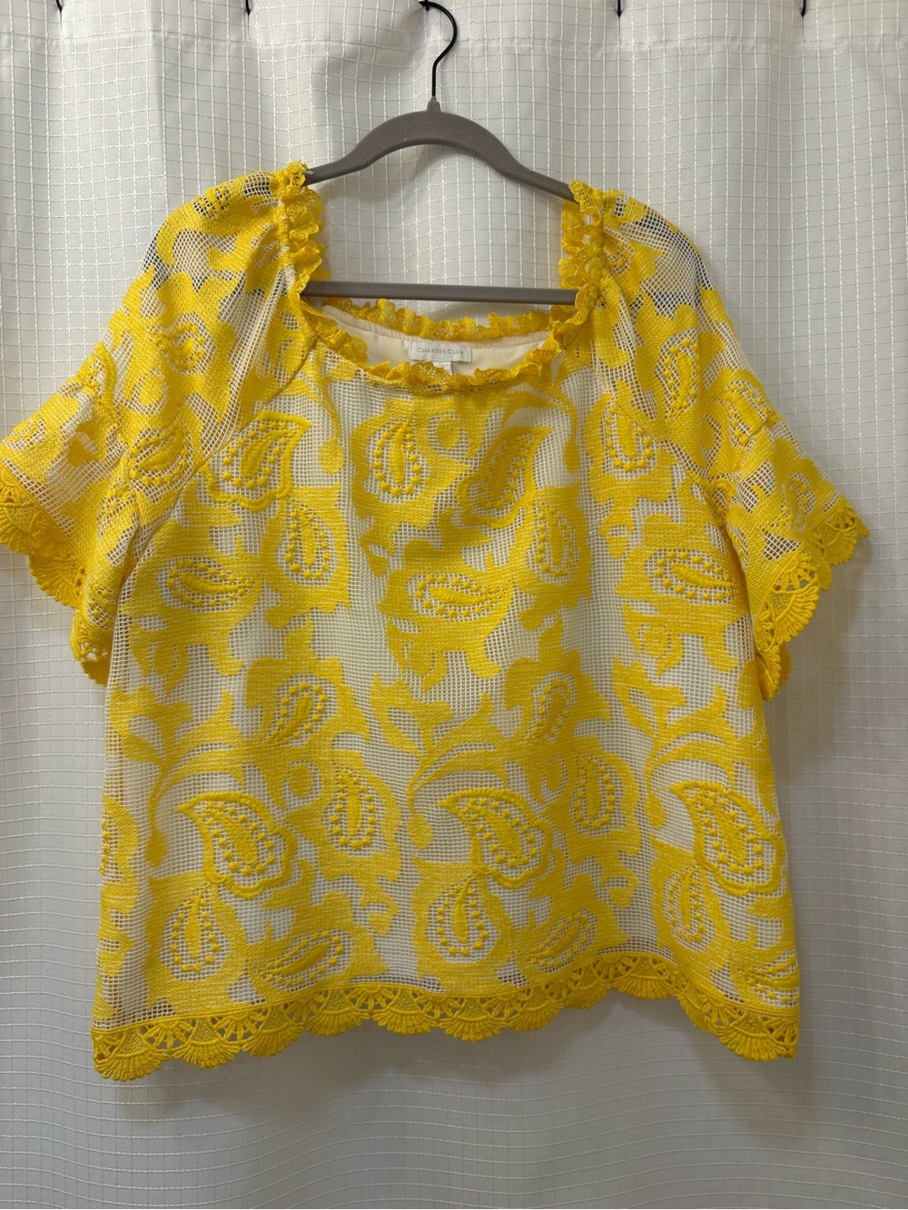 Charter Club Yellow Crochet Overlay Short Sleeve Blouse